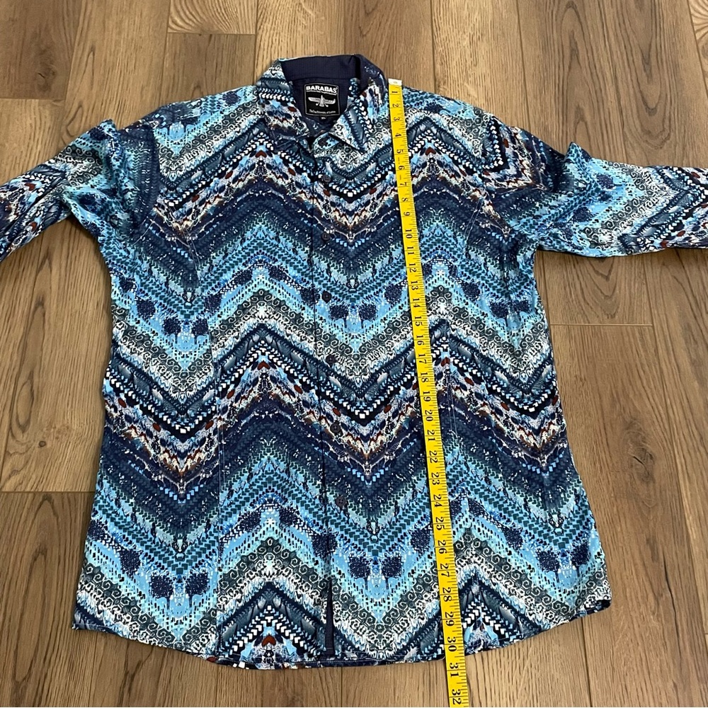 Barabas Tribal Print Long‎ Sleeve Blue Button Down Shirt Herringbone - Picture 9 of 11